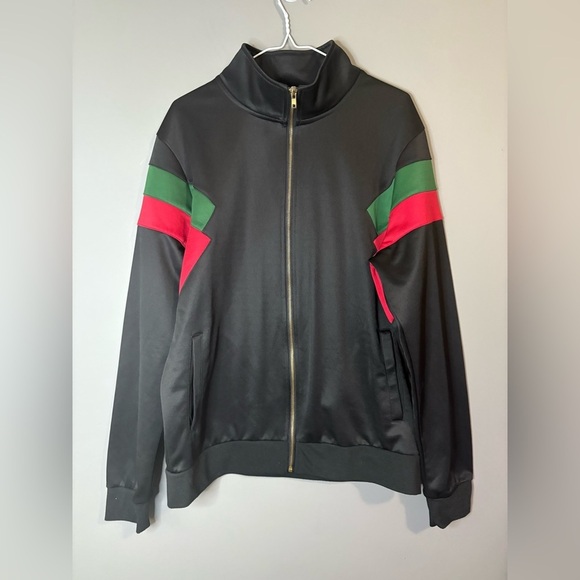 Urban ID size M, Men's Black Track Jacket with Red and Green Stripes, front zip - Picture 2 of 8